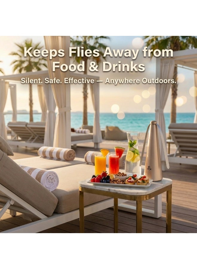 دائرة خضراء مروحة طرد الذباب للطاولات، مروحة كهربائية محمولة للمطاعم والفناء والتخييم والحديقة والأماكن المغلقة والمفتوحة والطعام لإبعاد الذباب والحشرات دون استخدام المواد الكيميائية (ذهبي) - Image 5